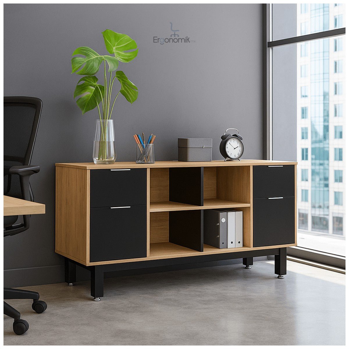 Credenza Alta con Doble Papelera y Archivo 150 x 75 cm - Ergonomik credenza OFIK
