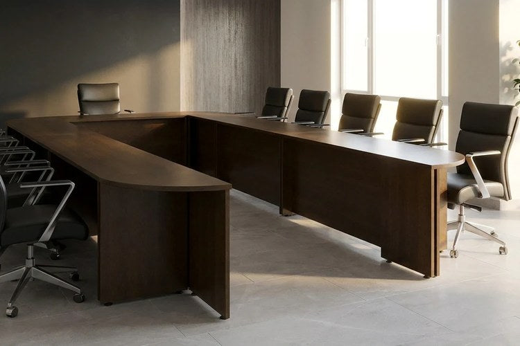 Sala de consejo con mesa de madera y sillas de dirección de piel negra de Office Class