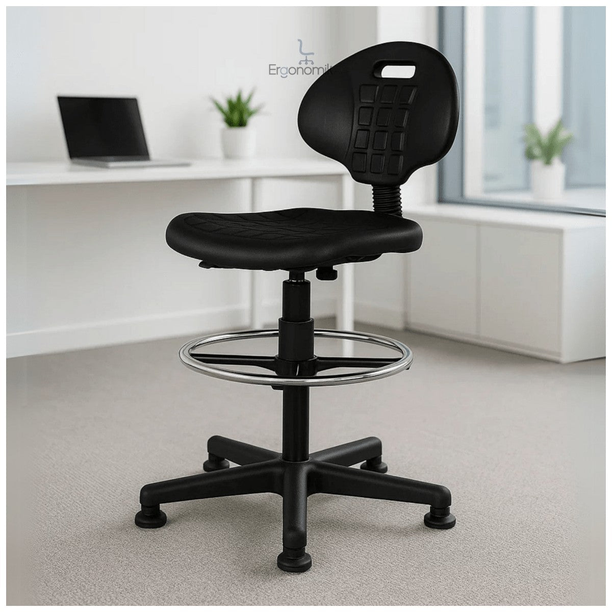 Silla Cajero Industrial Poliuretano Negro y Regaton - Ergonomik silla cajero OFIK