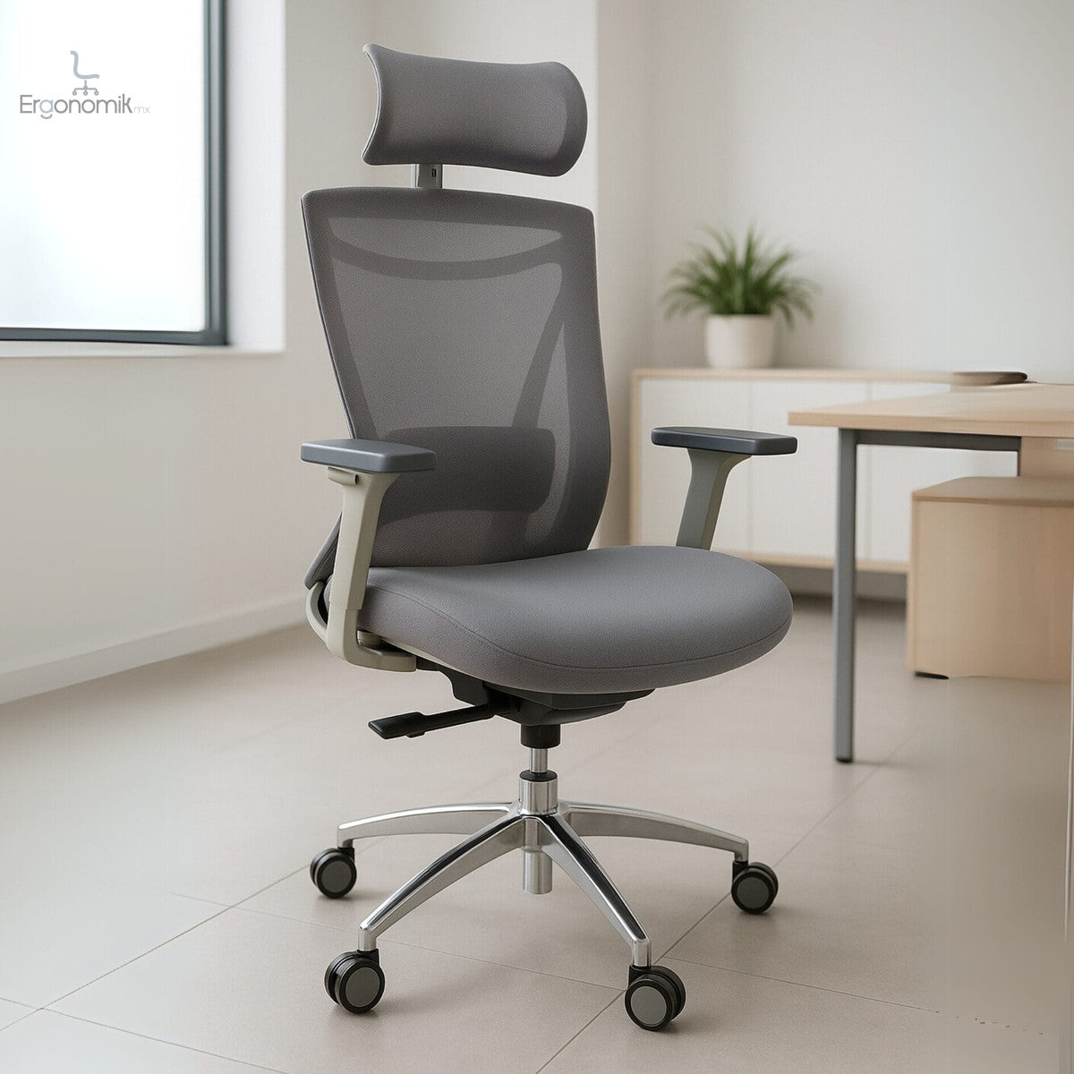 Silla Ejecutiva H8 Mesh Y Tela Gris Base Cromada | Muebles ergonómicos en México | Ergonomik
