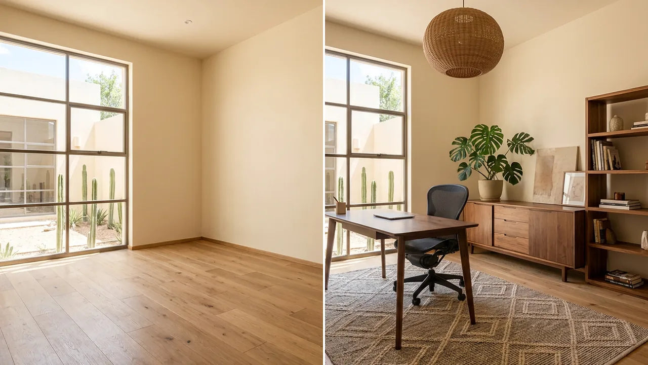 Antes y después: Oficina en casa vacío y amueblado con muebles Ergonomik