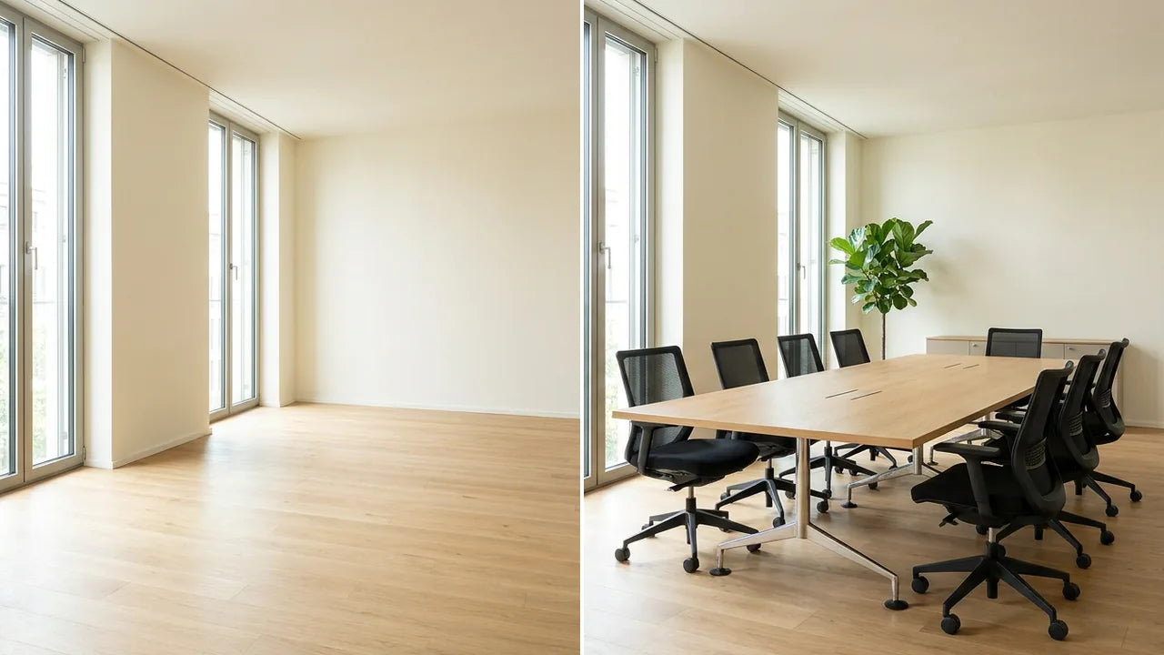 Antes y después: Sala de juntas vacío y amueblado con muebles Ergonomik