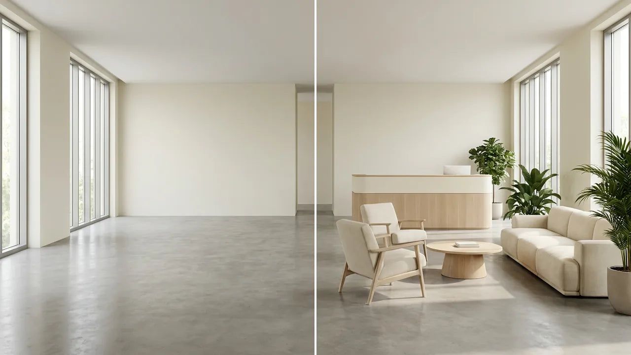 Antes y después: Recepción vacío y amueblado con muebles Ergonomik