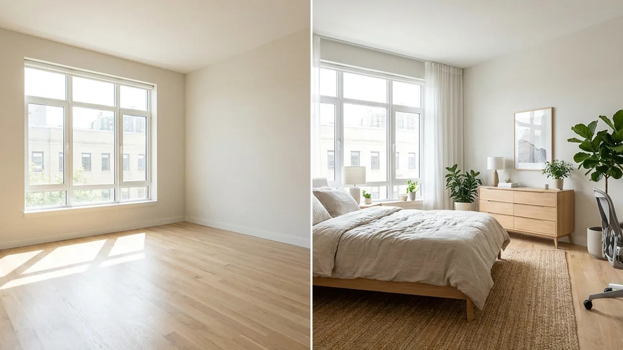 Antes y después: Recámara nórdica con escritorio vacío y amueblado con muebles Ergonomik