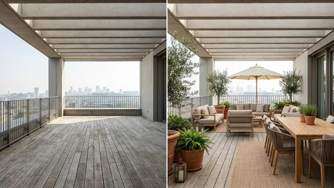 Antes y después: Terraza exterior vacío y amueblado con muebles Ergonomik