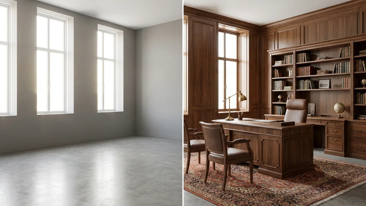 Antes y después: Oficina ejecutiva clásica vacío y amueblado con muebles Ergonomik