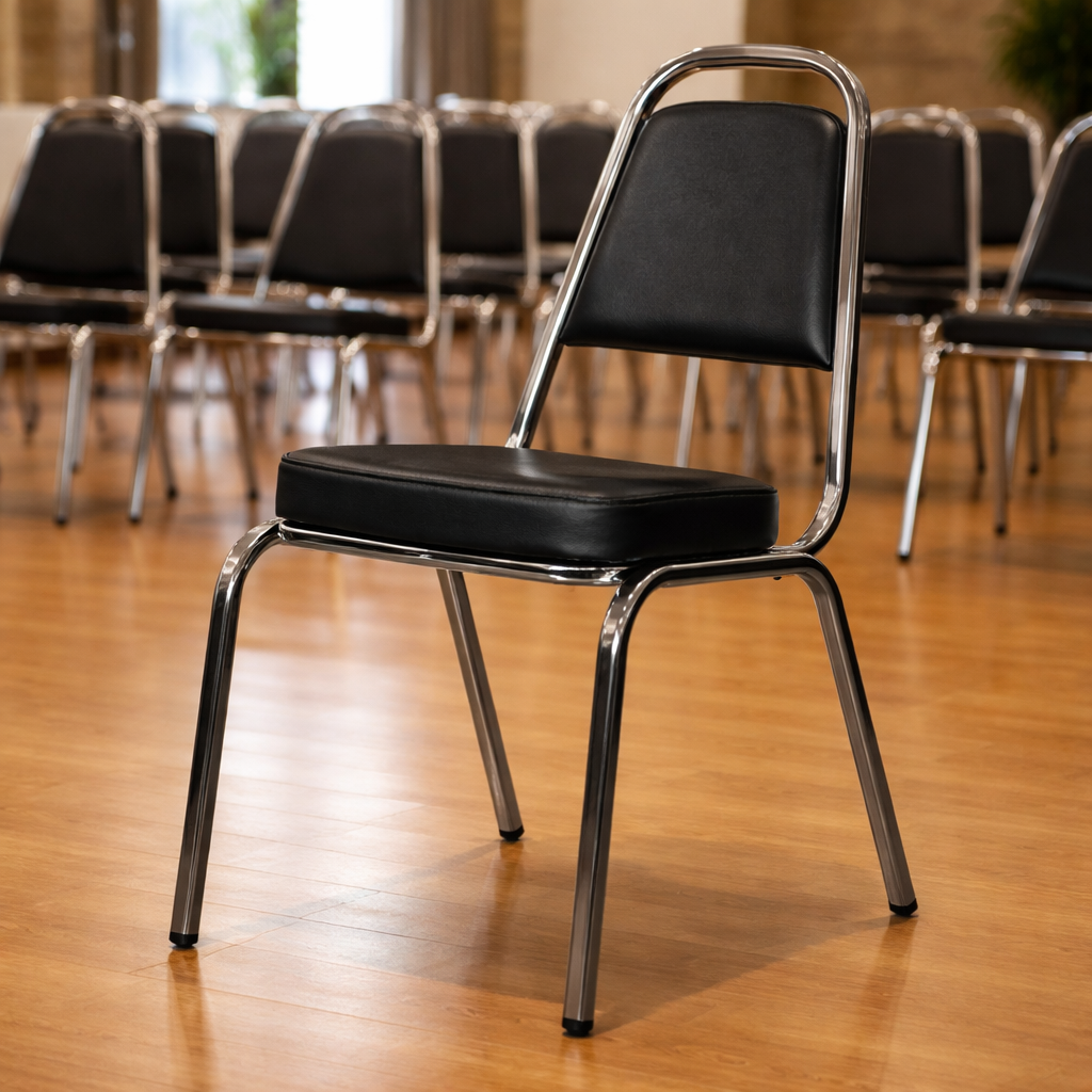 Silla Banquetera Apilable 2000 en Vinipiel Negro y Estructura Metálica - Ergonomik silla OFIK