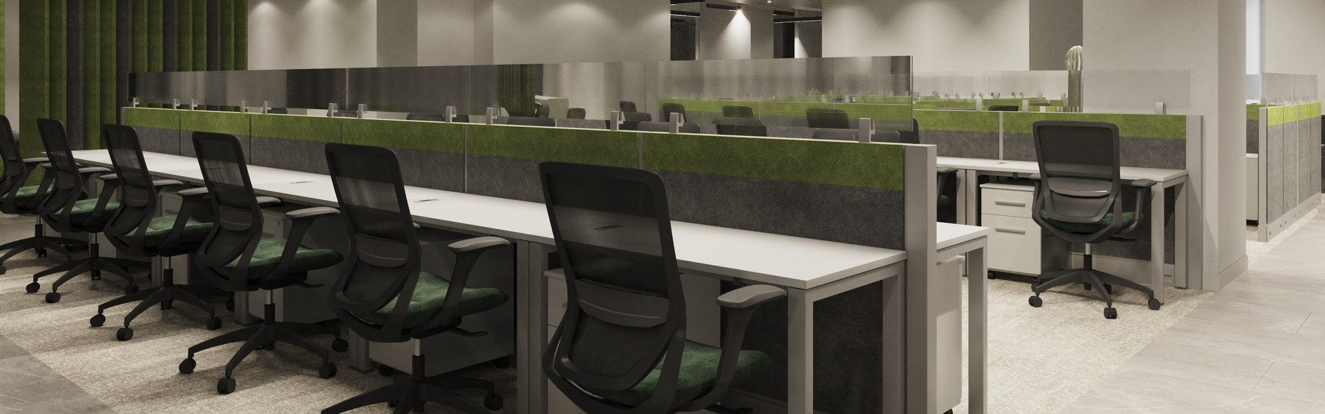 Oficina operativa luminosa con hilera de sillas ergonómicas negras de Office Class