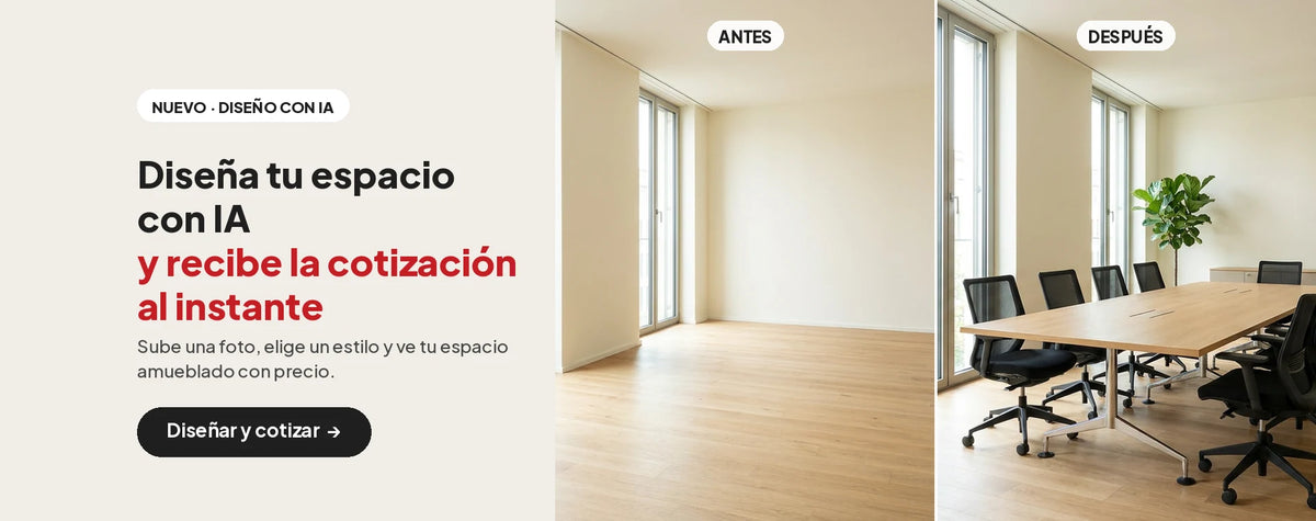 Diseña tu espacio con IA y recibe la cotización al instante: antes y después de una sala de juntas amueblada