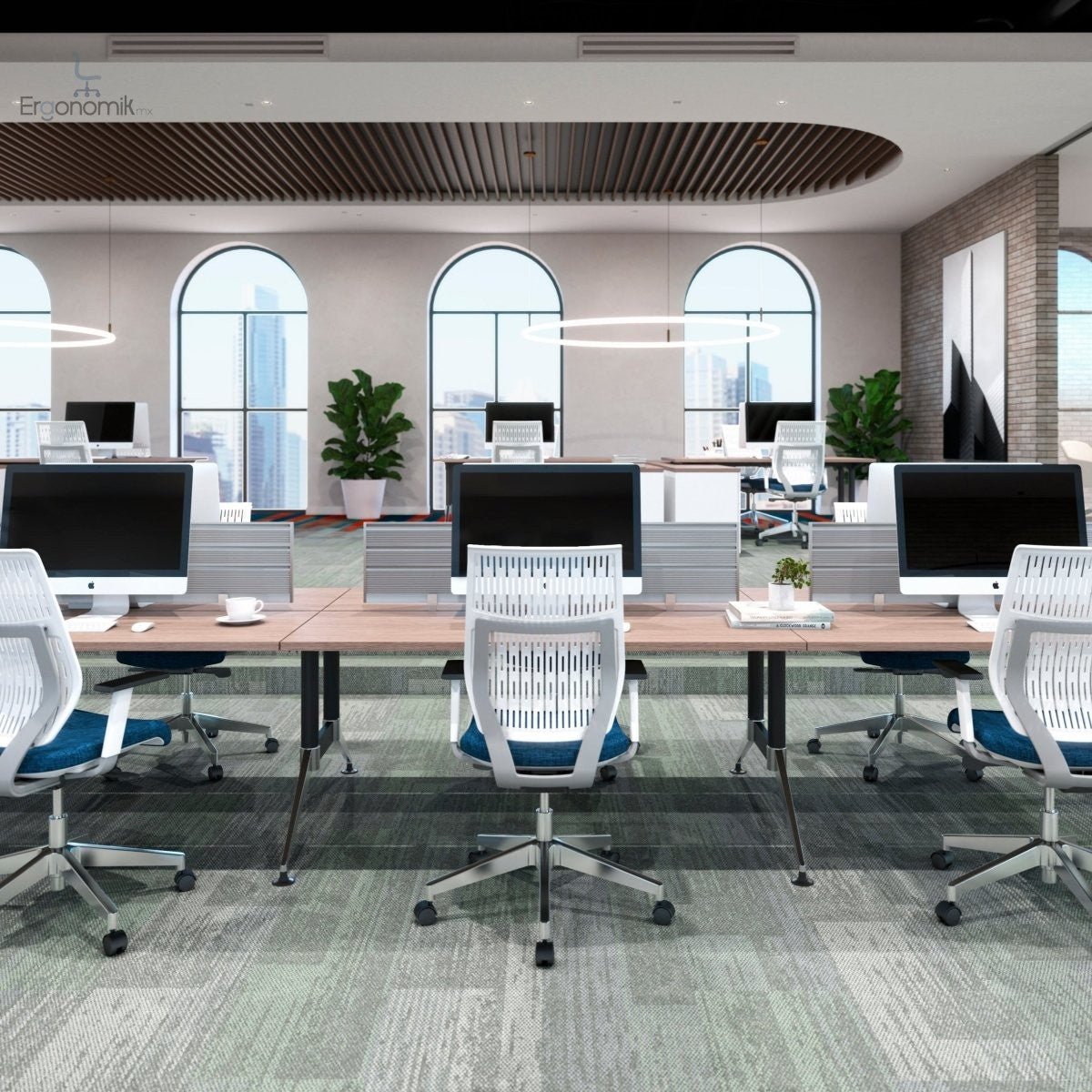 Estación Tech B Chrome 4 Usuarios 1.80x.60 Mampara Madera - Ergonomik escritorio Office Class