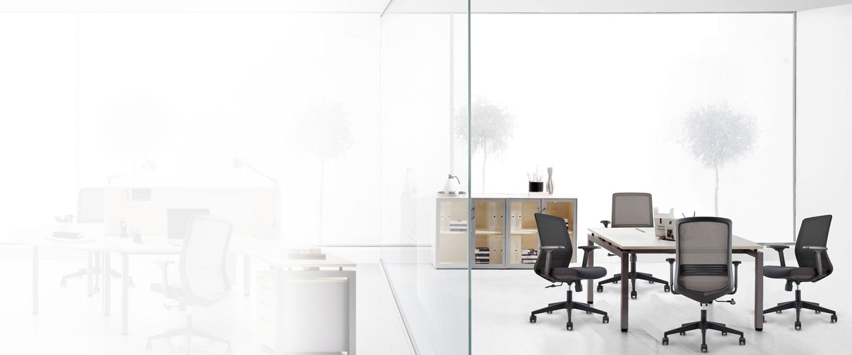 Oficina equipada con mesa de juntas, sillas y almacenaje Ergonomik