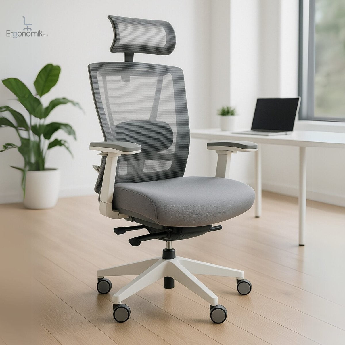 Silla ejecutiva H1 con Reposacabezas Gris Estructura blanca - Ergonomik silla OFIK