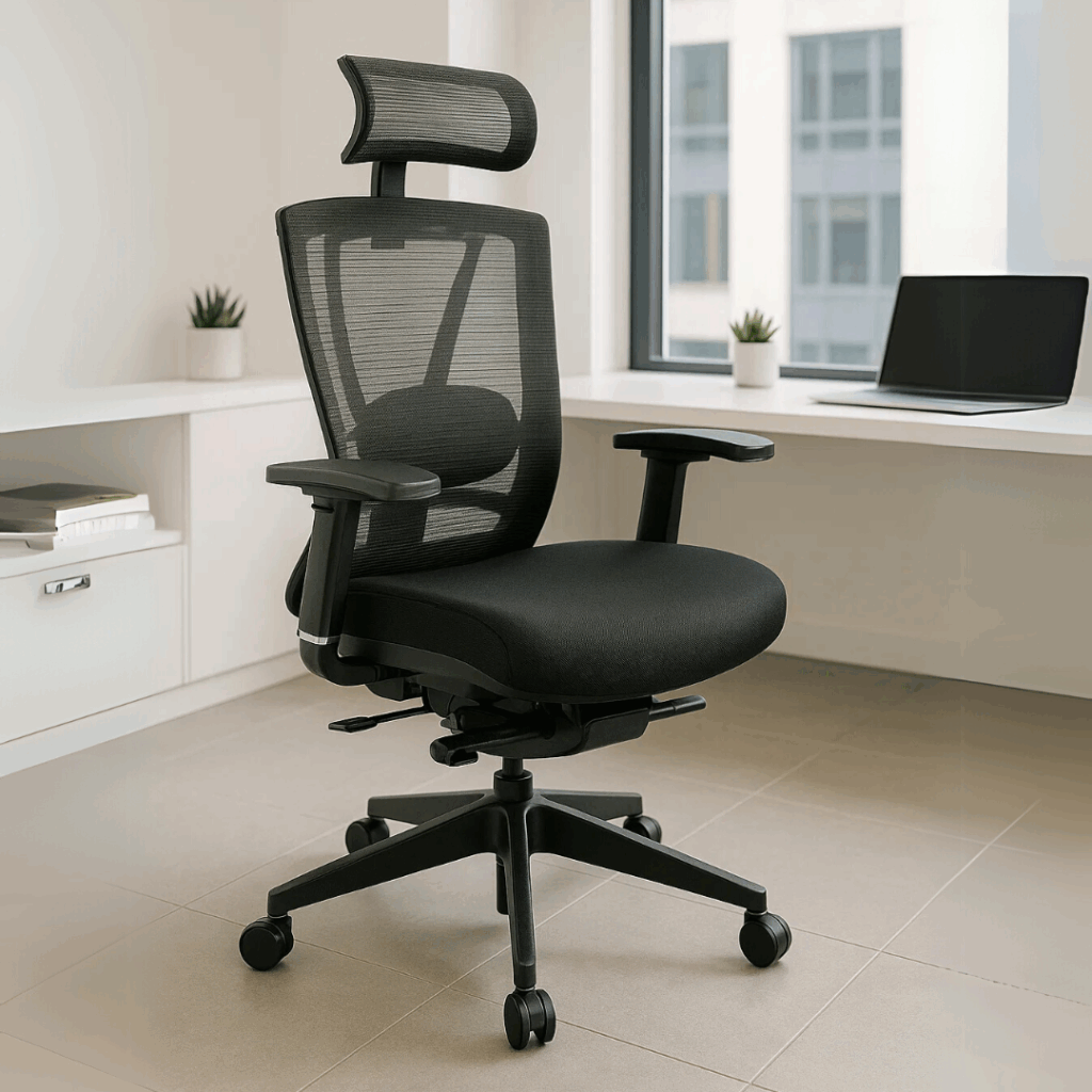 Primer plano del asiento y respaldo ergonómico