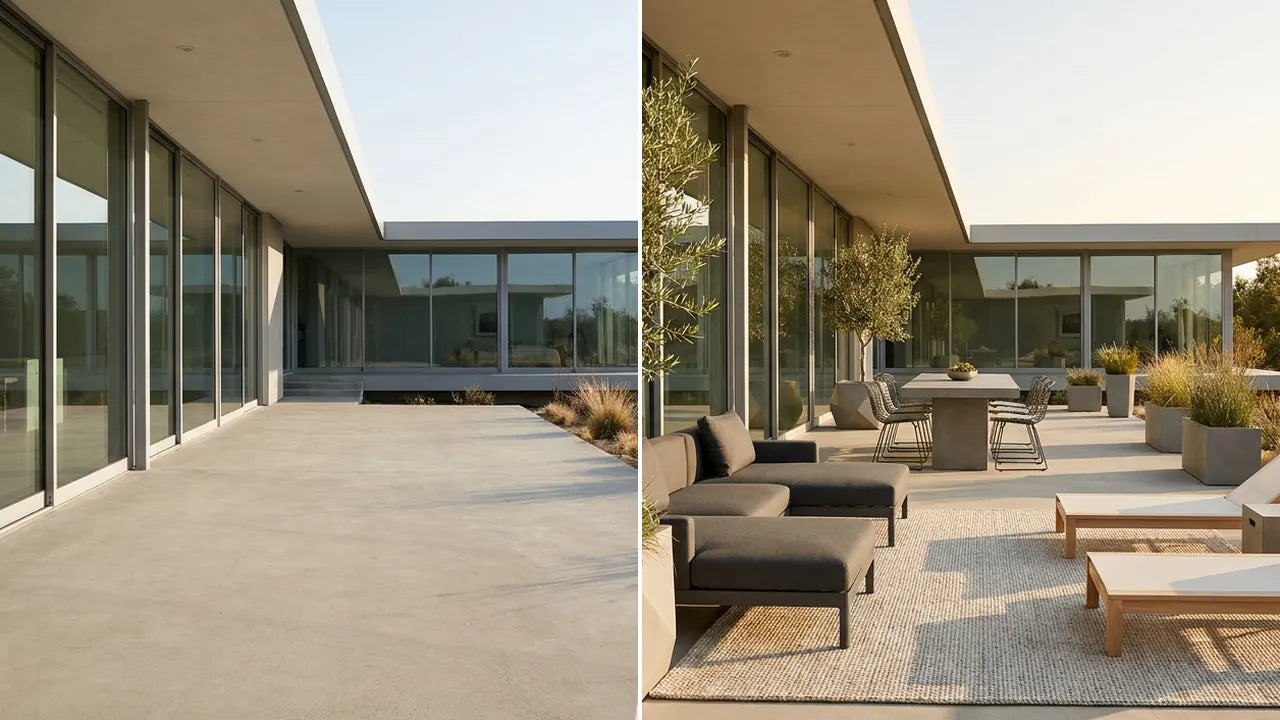 Antes y después: Jardín y patio exterior minimalista vacío y amueblado con muebles Ergonomik