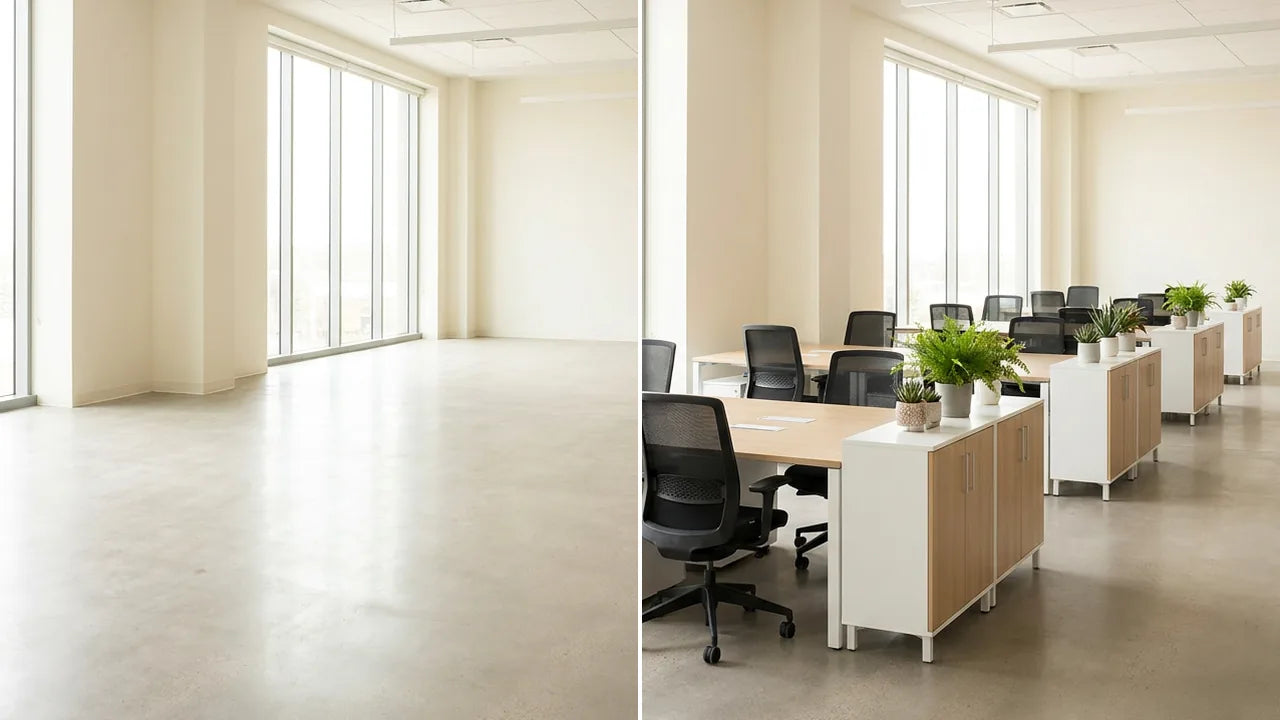 Antes y después: Oficina abierta con estaciones de trabajo vacío y amueblado con muebles Ergonomik