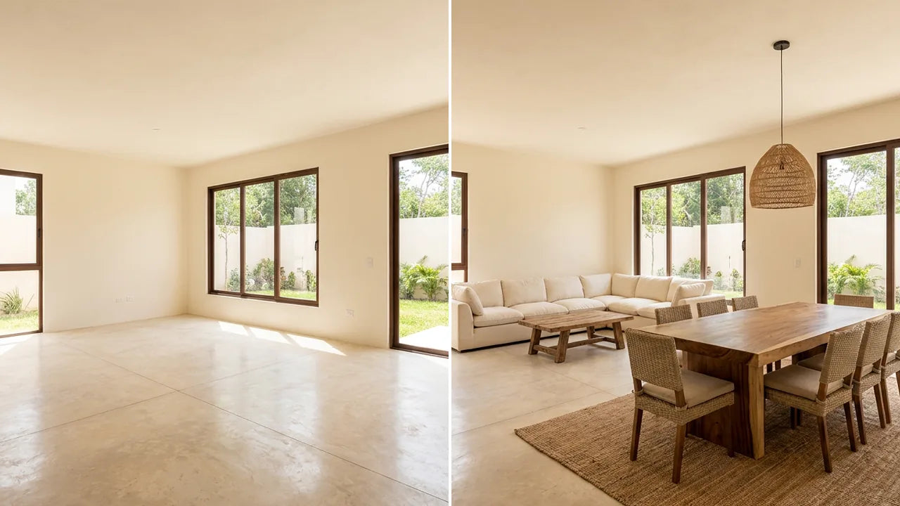 Antes y después: Sala y comedor vacío y amueblado con muebles Ergonomik