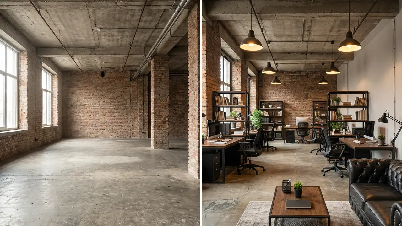 Antes y después: Oficina loft industrial vacío y amueblado con muebles Ergonomik