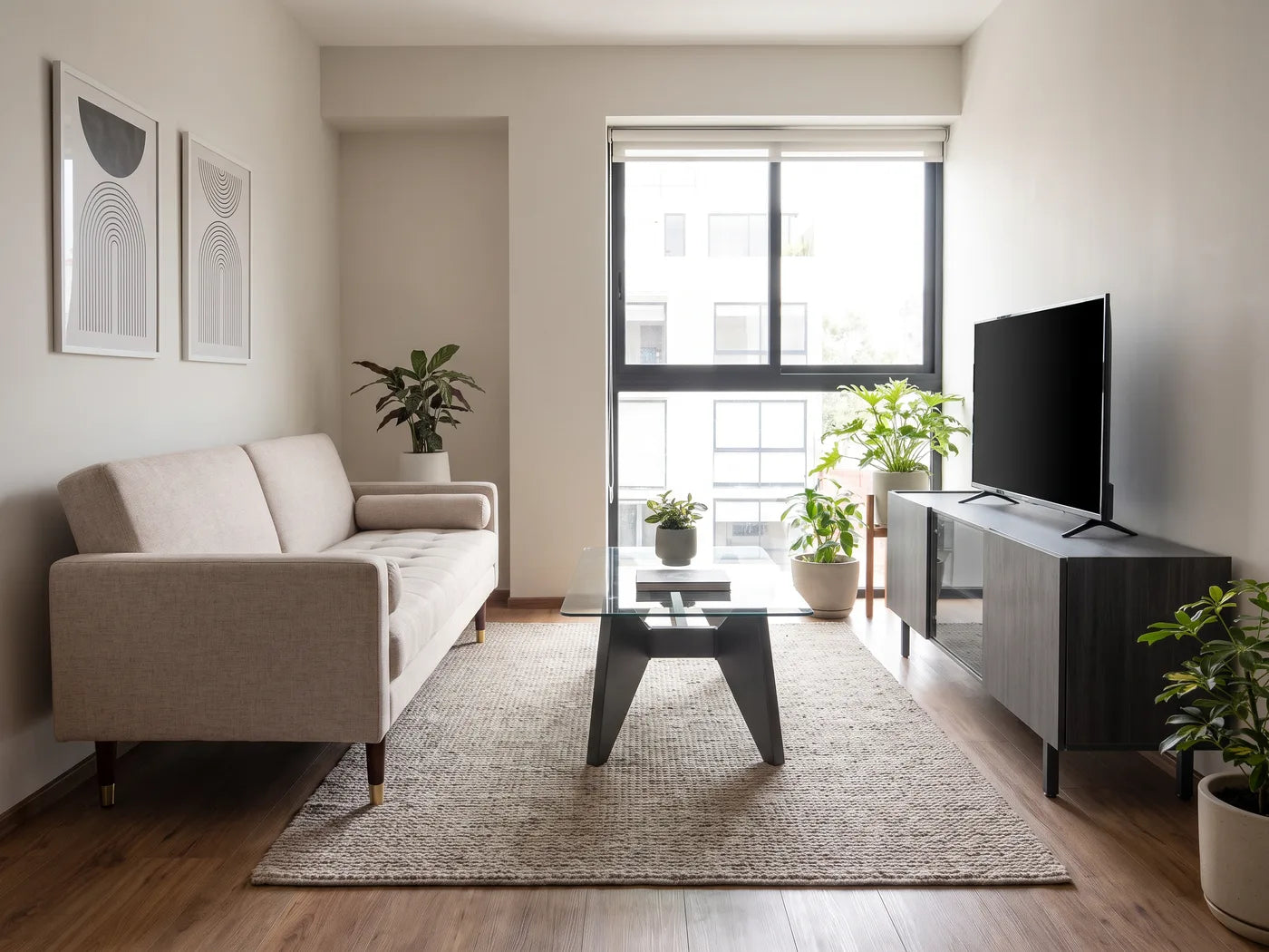 Sala con sofá cama y mueble para TV, variación 1