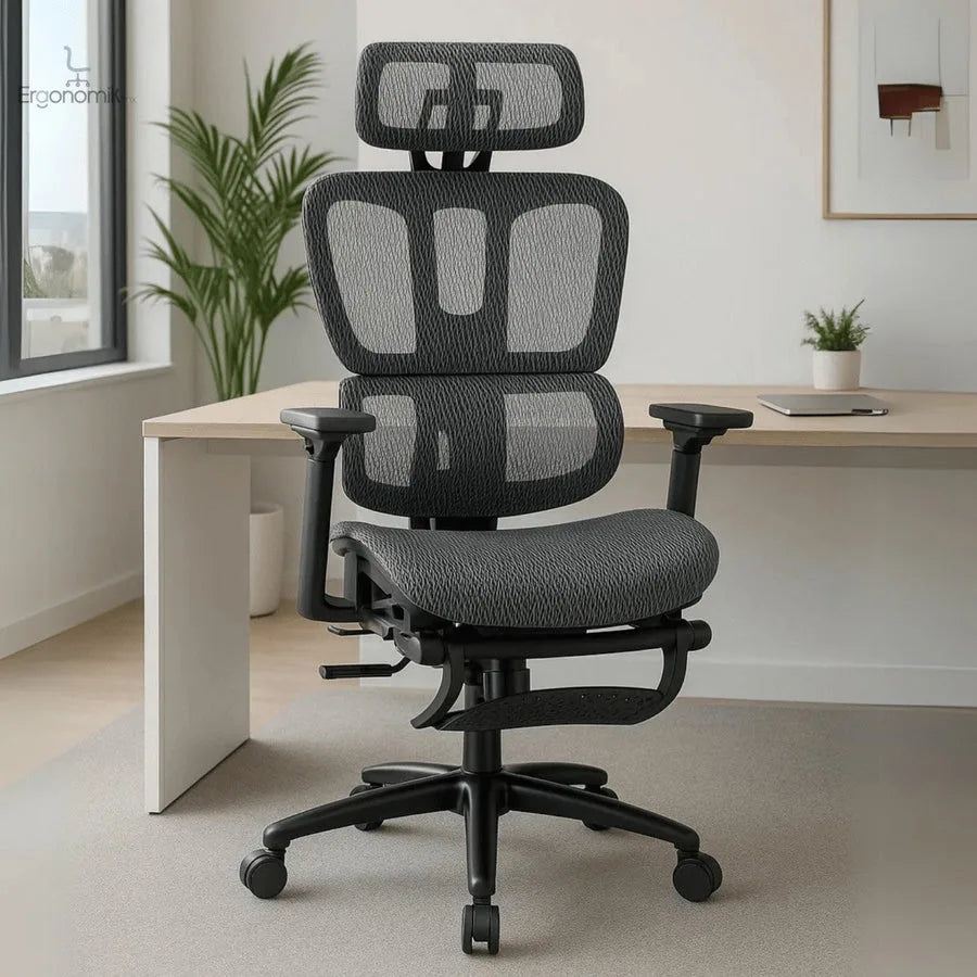 Silla Ejecutiva Nexus Mesh Gris con Descansapiés en uso